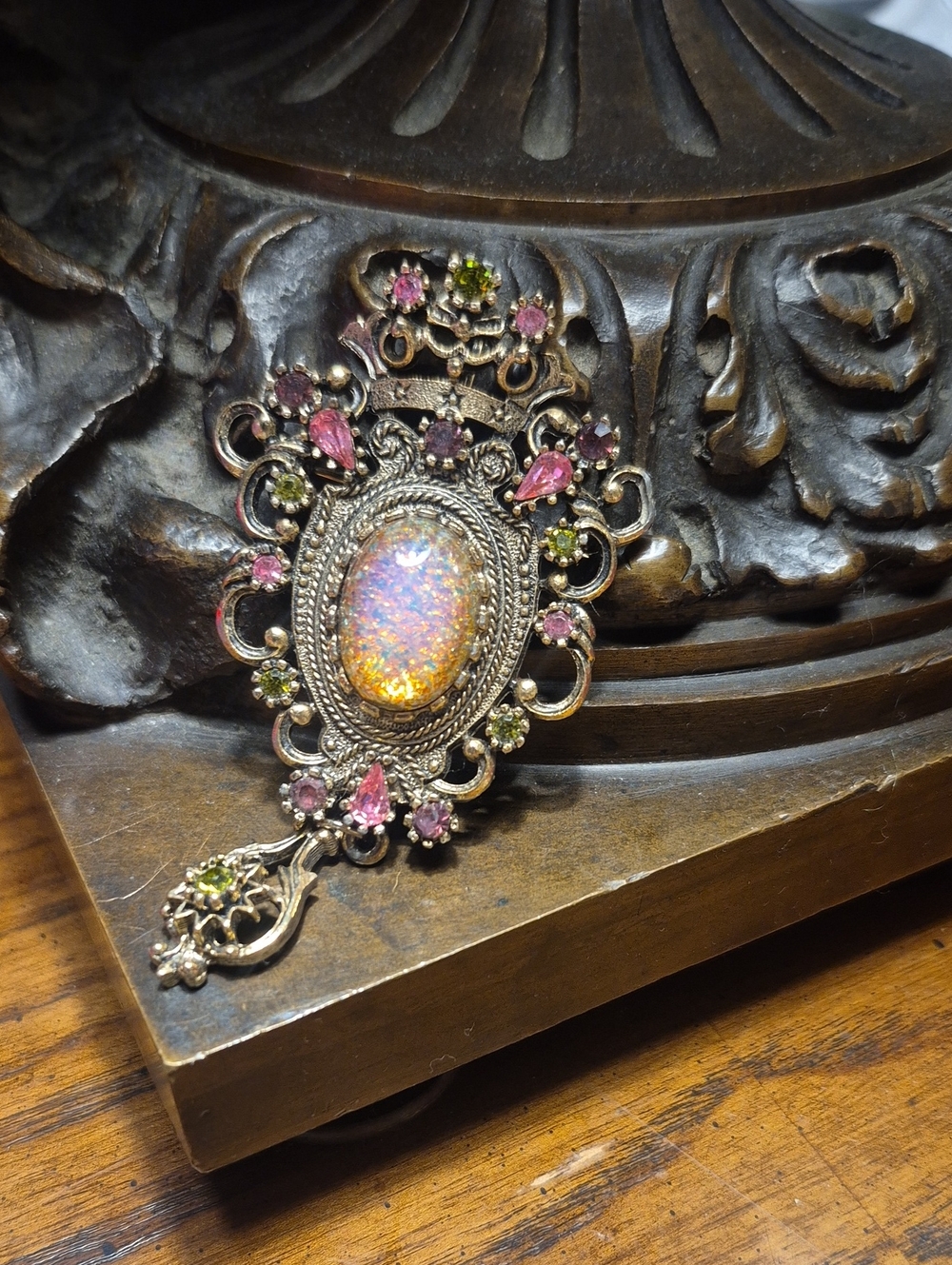 Sarah Coventry Contessa Brooch with Rhinestones & Faux Center Opal Pendant